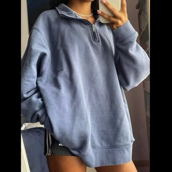 Oversized Dusty Blue Quarter Zip with Pockets - Picture 1 of 5